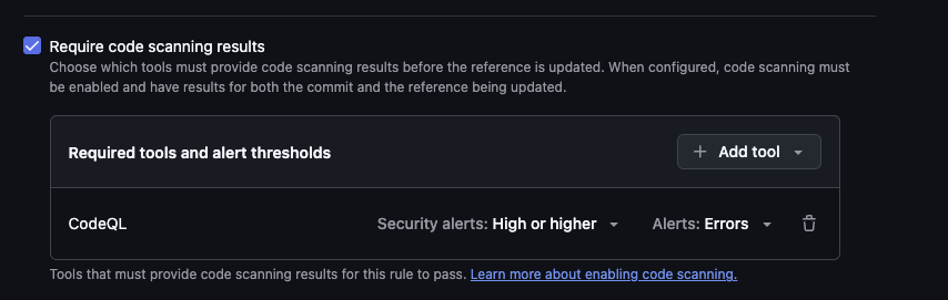 Require code scanning resultsの設定