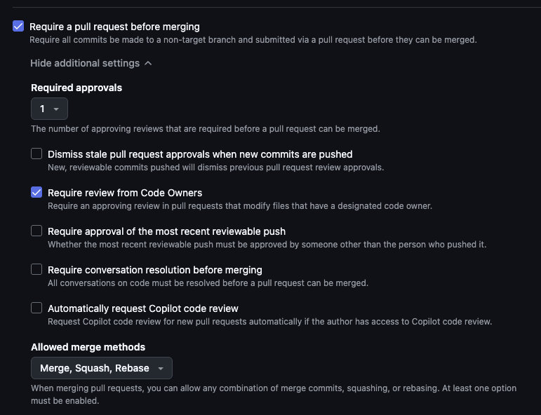 Require a pull request before mergingにチェックを入れ、Require approvalsに1を設定し、Require review from Code Ownersにチェックを入れる