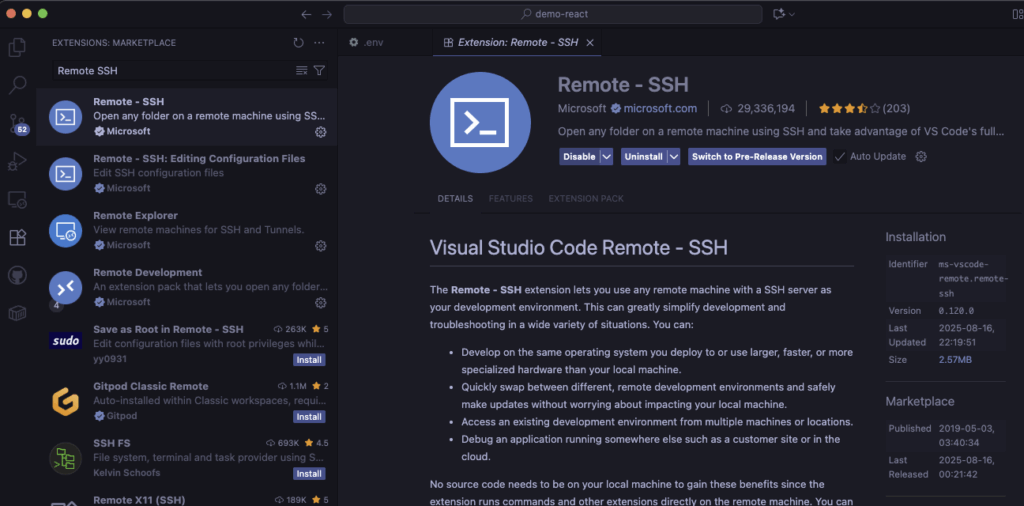 VS Code Remote - SSH拡張機能のインストール画面