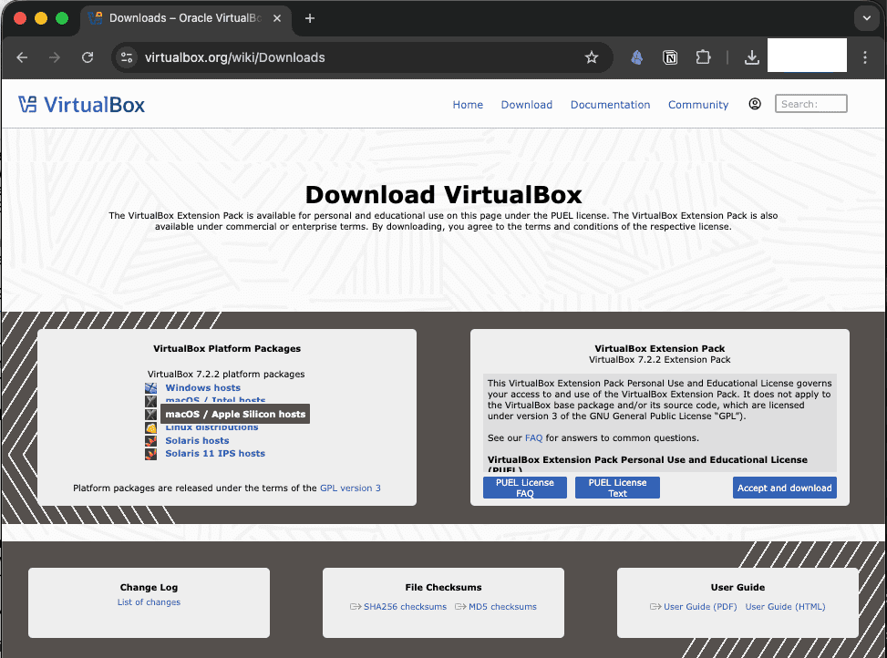 VirtualBox公式サイトのダウンロードページ