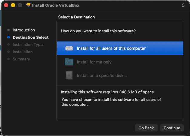 VirtualBoxインストーラー画面(インストール先選択)